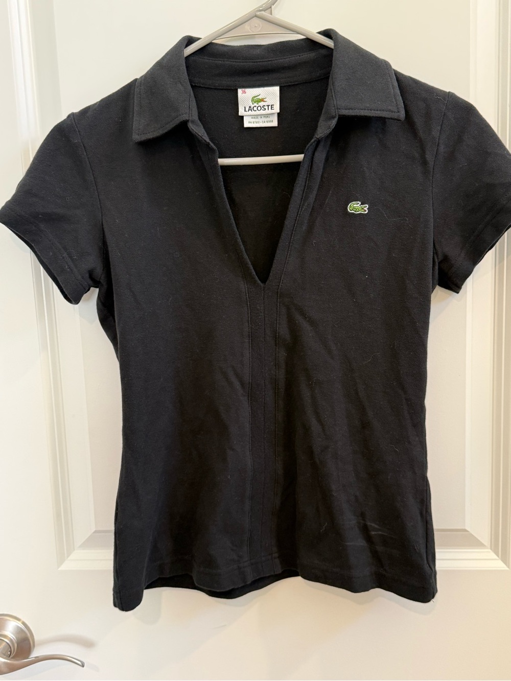 Lacoste Black V-Neck Short Sleeve Polo with Green Crocodile Logo